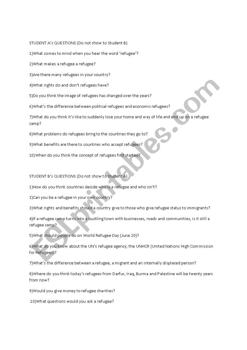 Refugee questions: pairwork worksheet