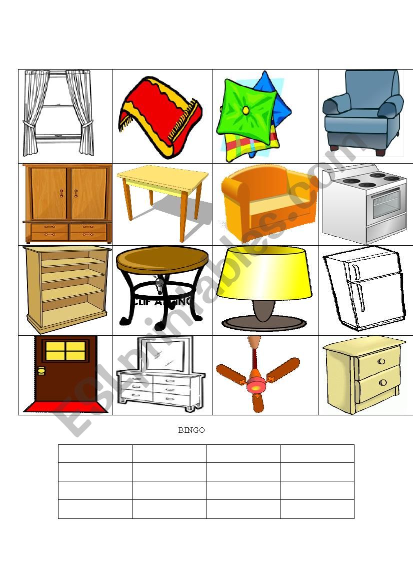 Furniture bingo worksheet