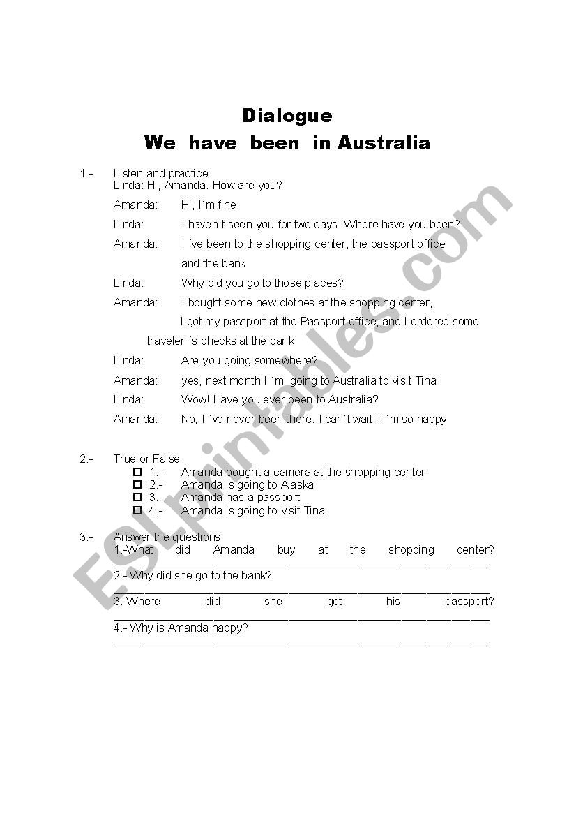 Have you been in Australia worksheet