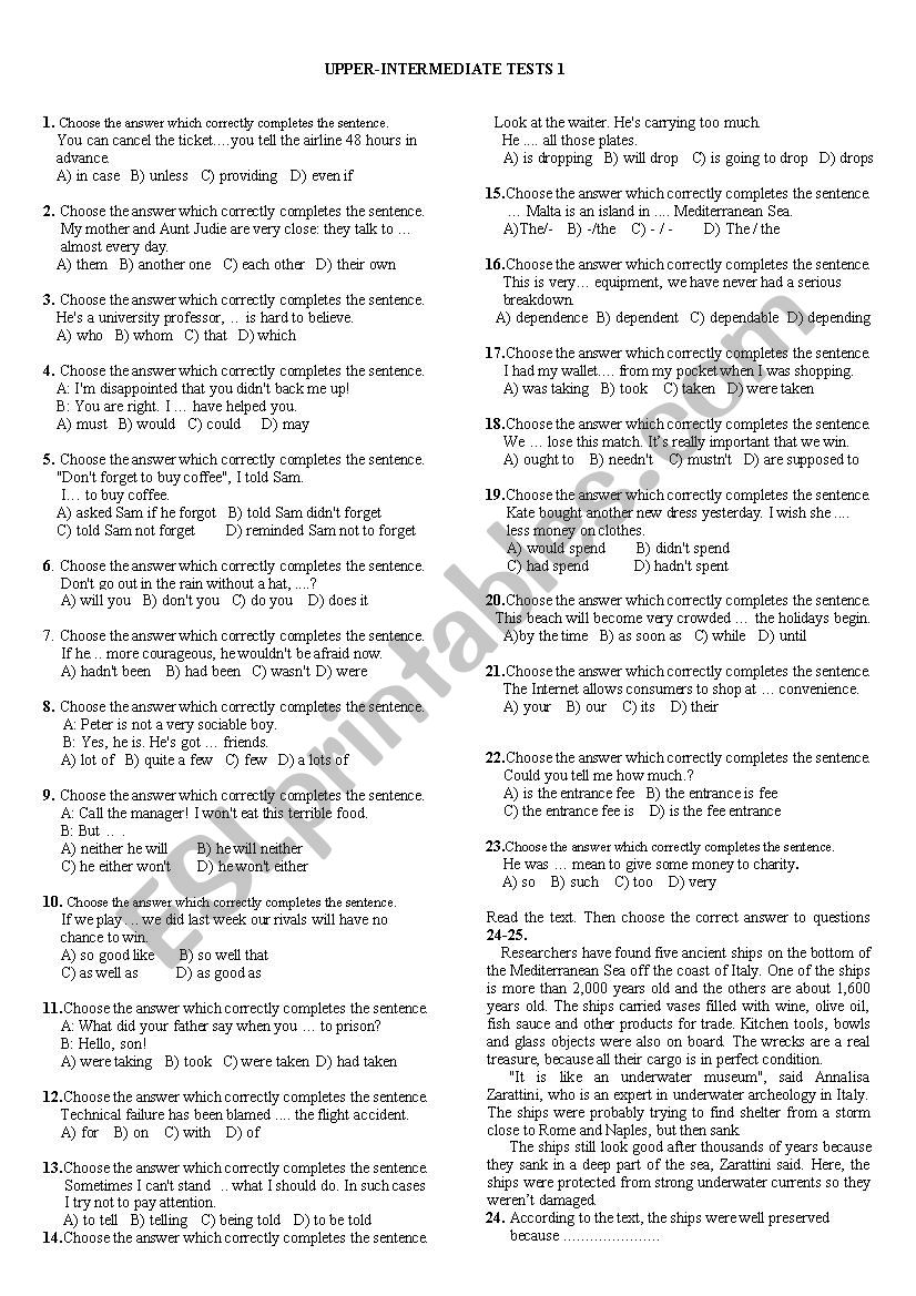 Upper-intermediate tests 1 worksheet