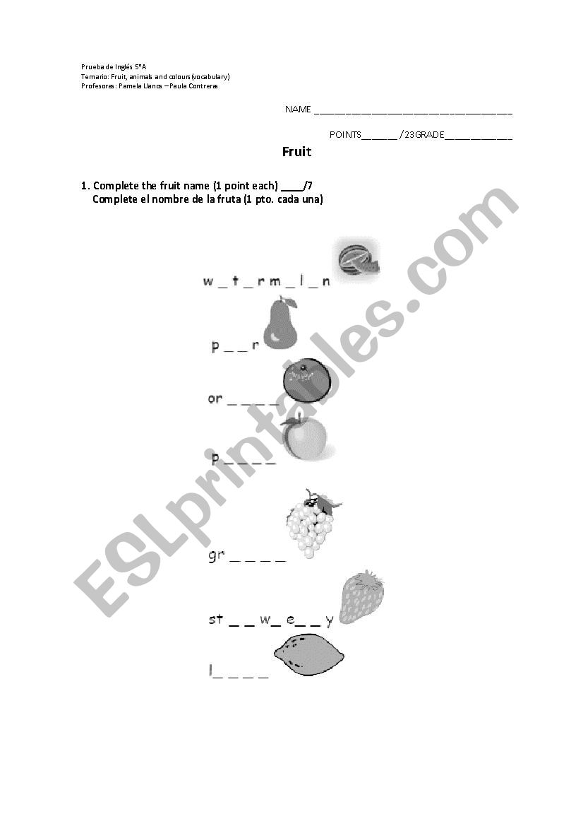 Fruits and animals worksheet