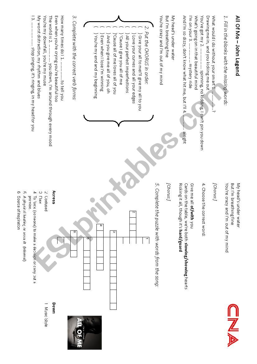 John Legend - All Of Me  worksheet