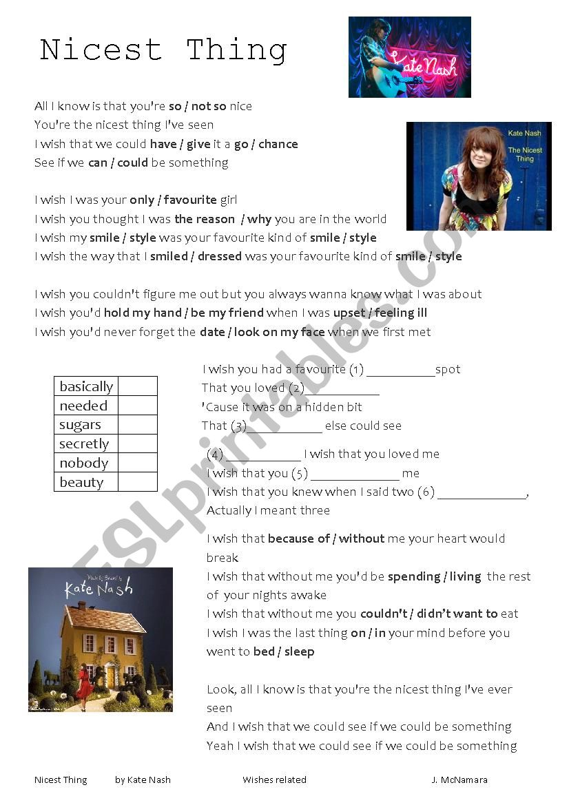 Nicest Thing by Kate Nash worksheet