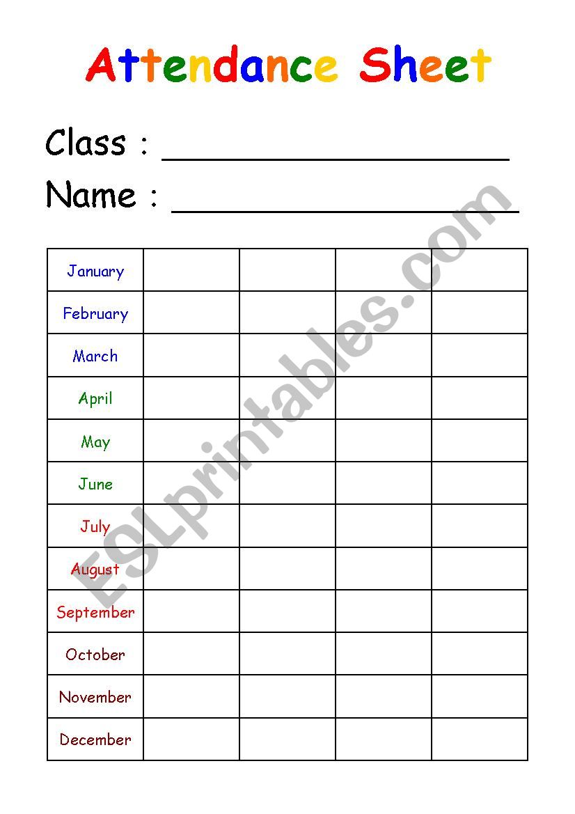 Attendance Card worksheet