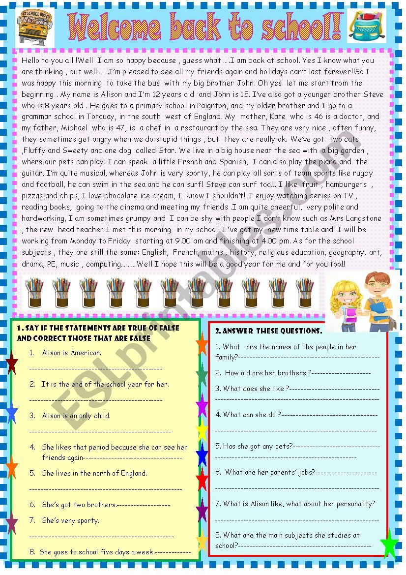 Welcome back to school : reading comprehension