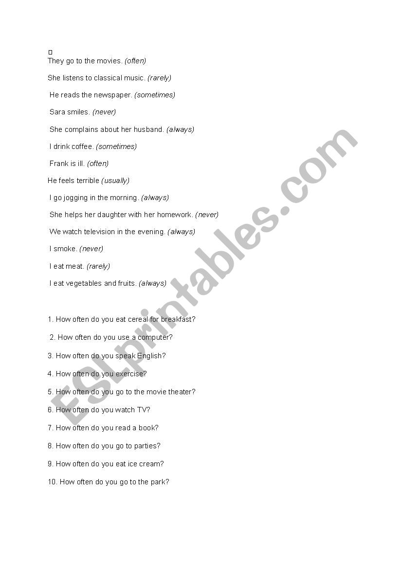 Adverbs of frequency worksheet