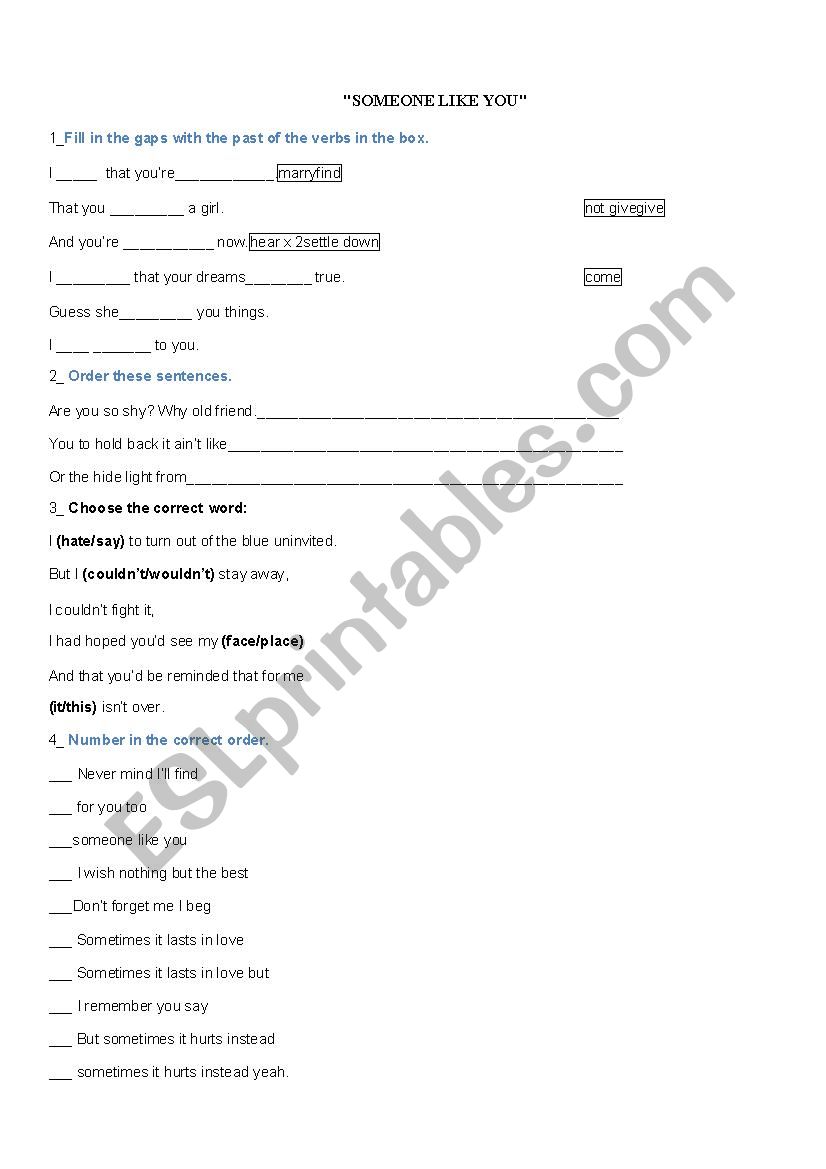 SOMEOME LIKE YOU BY ADELE worksheet