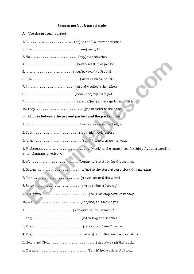 Present Perfect exercises worksheet