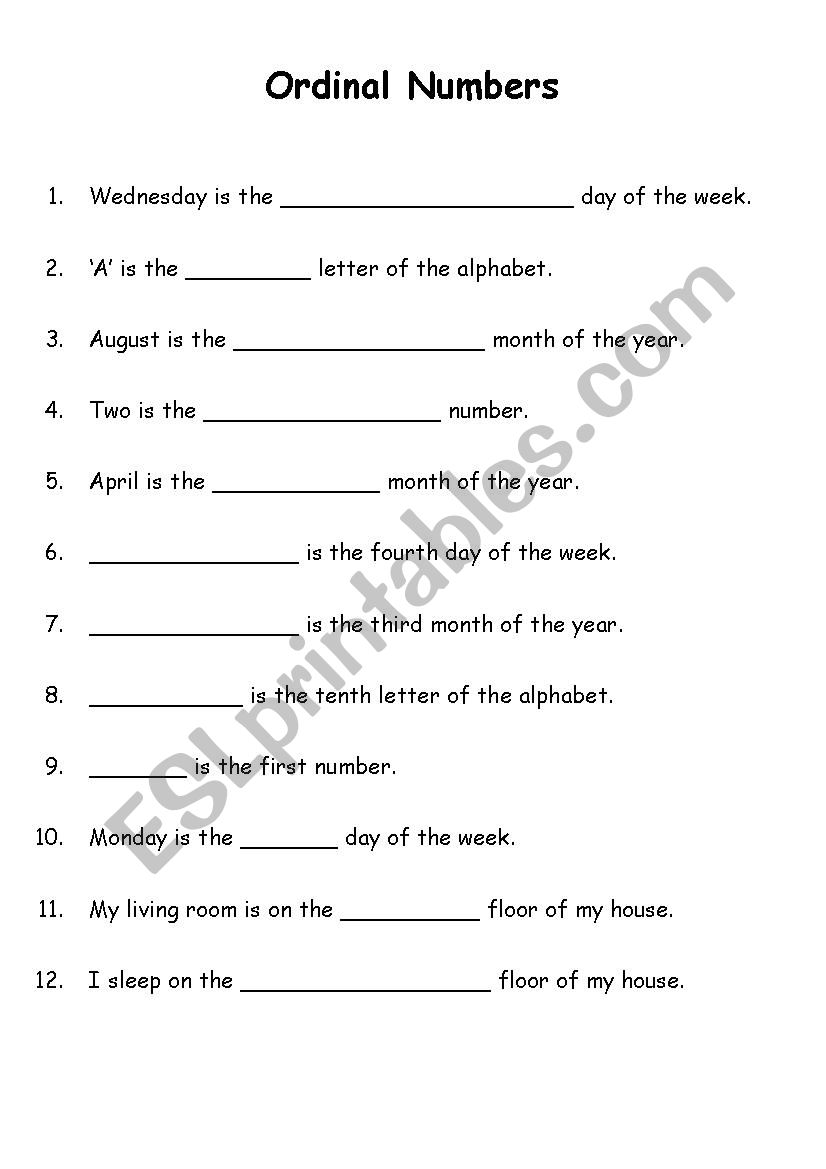 Ordinal Numbers Worksheet worksheet