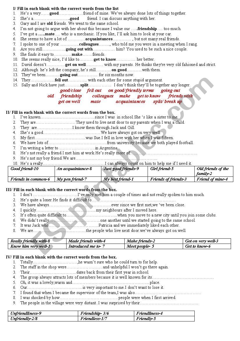 exercise on friendship worksheet