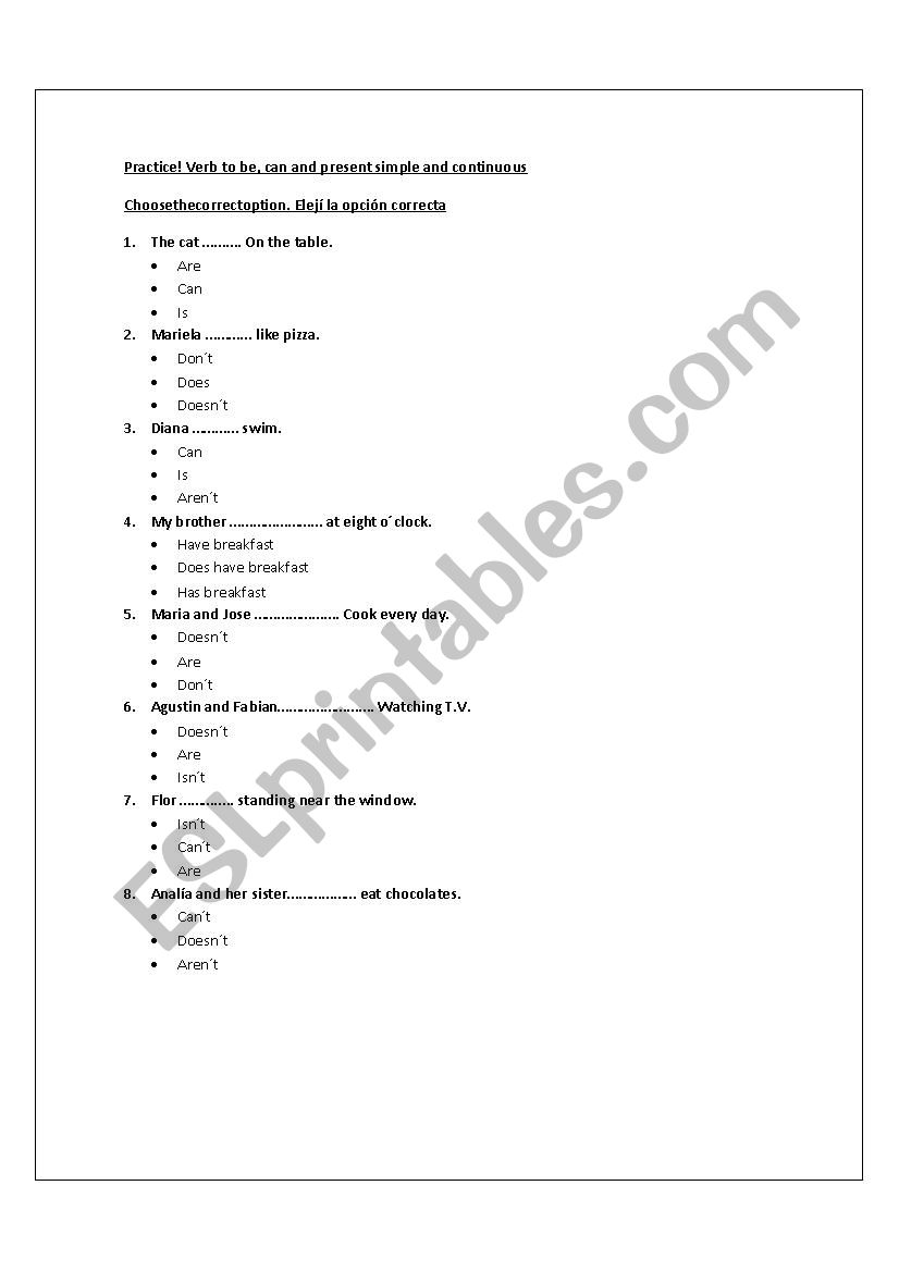 Revision present simple, continuous, to be and can