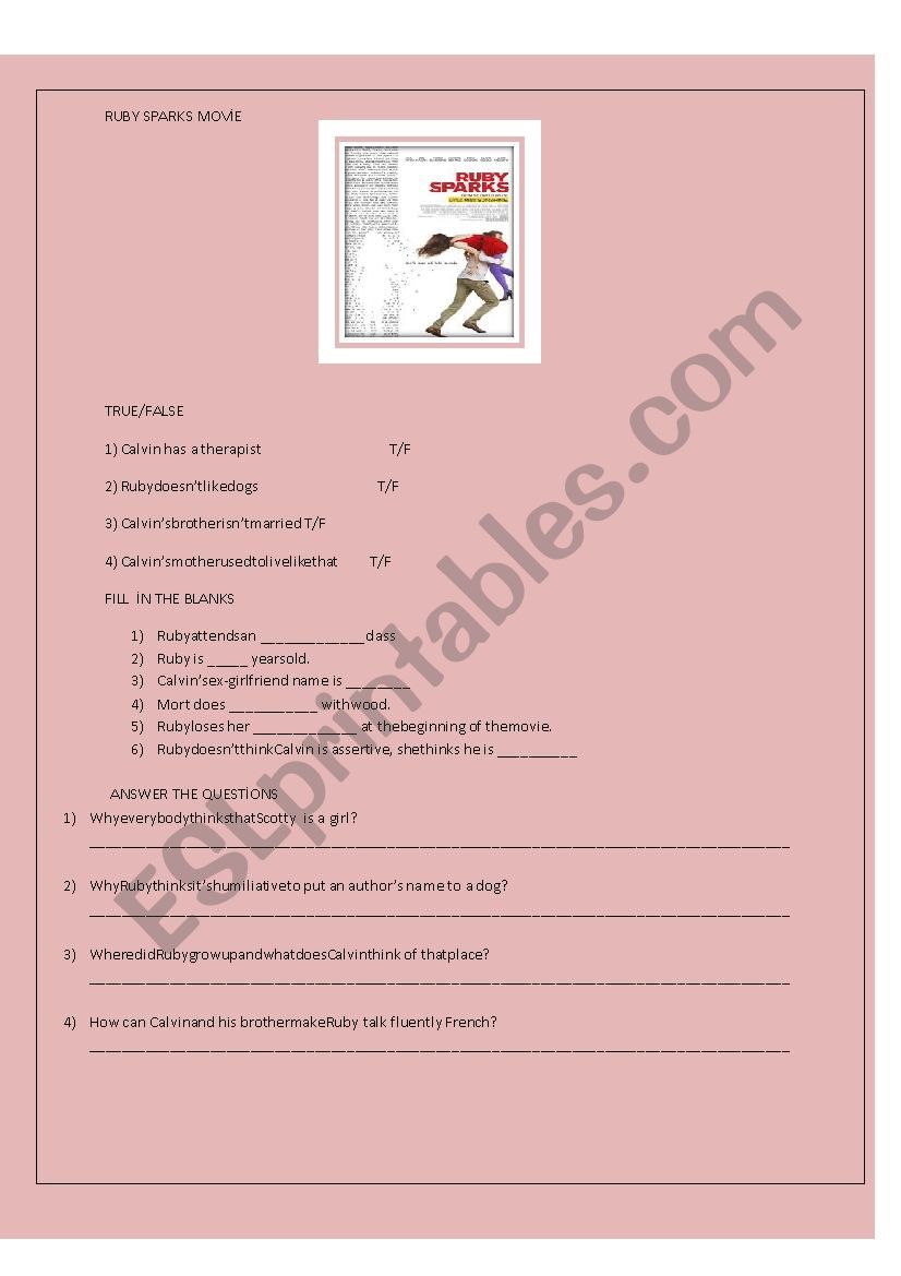 Ruby Sparks movie worksheet worksheet