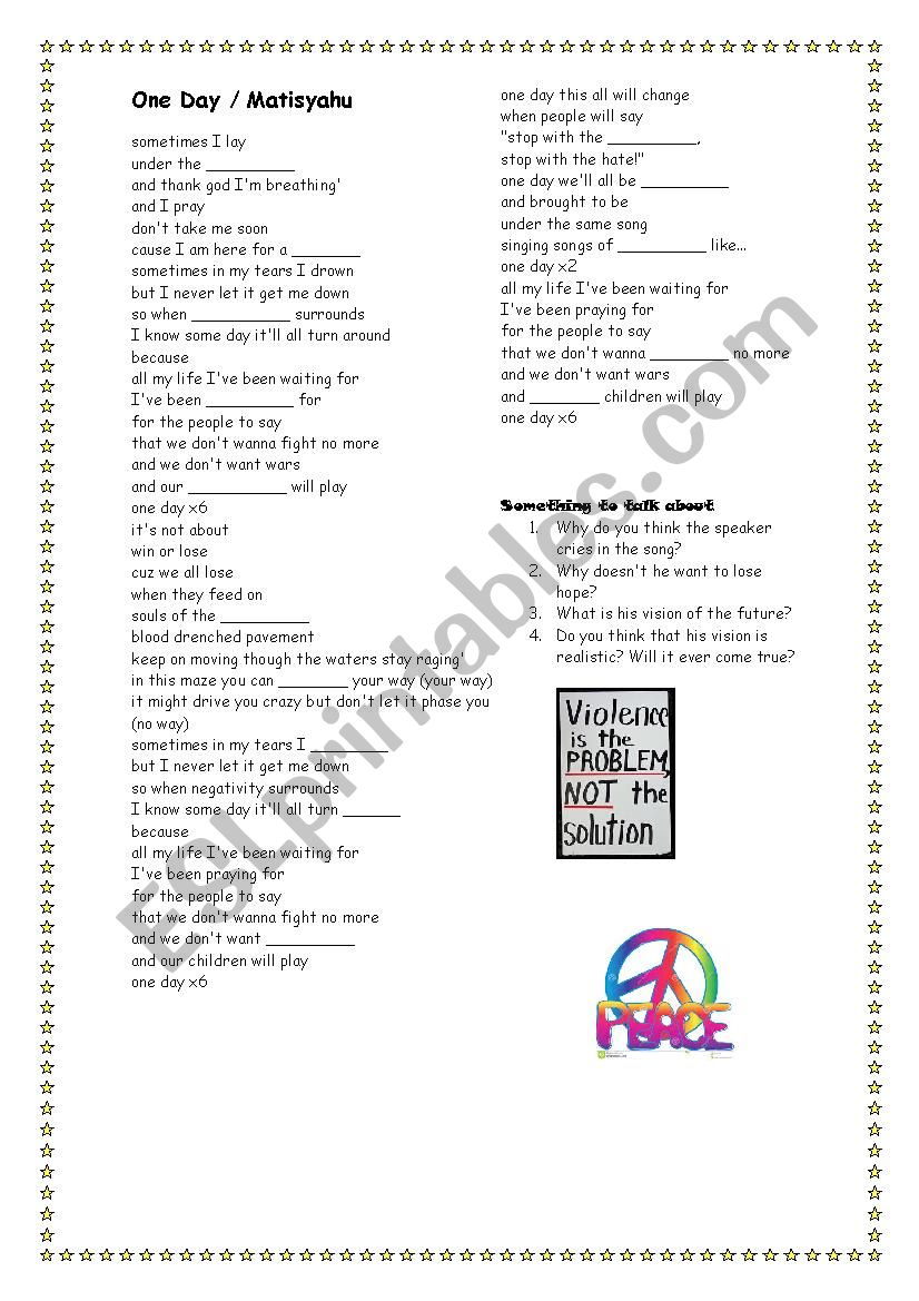 One Day by Matisyahu worksheet