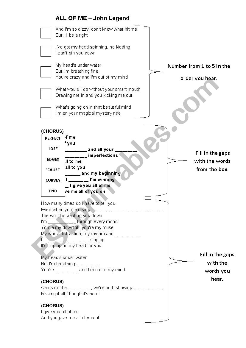 All of me - John Legend worksheet