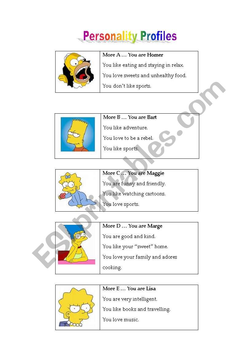 Simpson Personality  Test worksheet