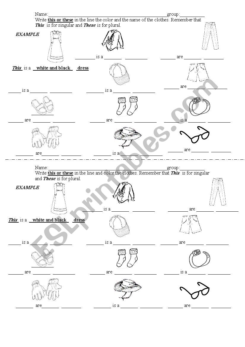 clothes, demostratives worksheet