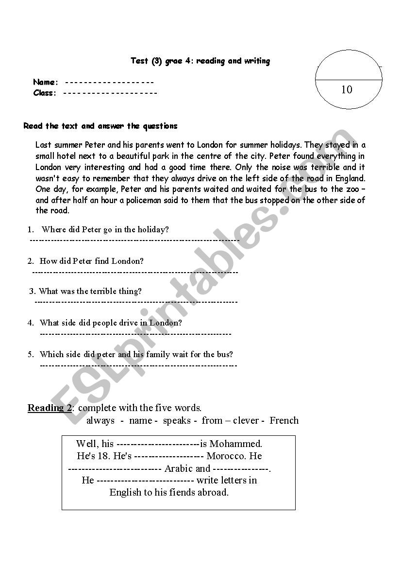 grade 4 test on reading and writing