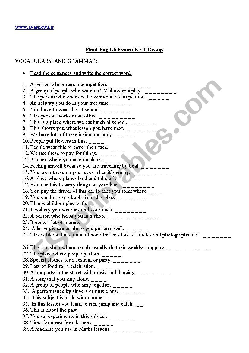 ket sample exam worksheet