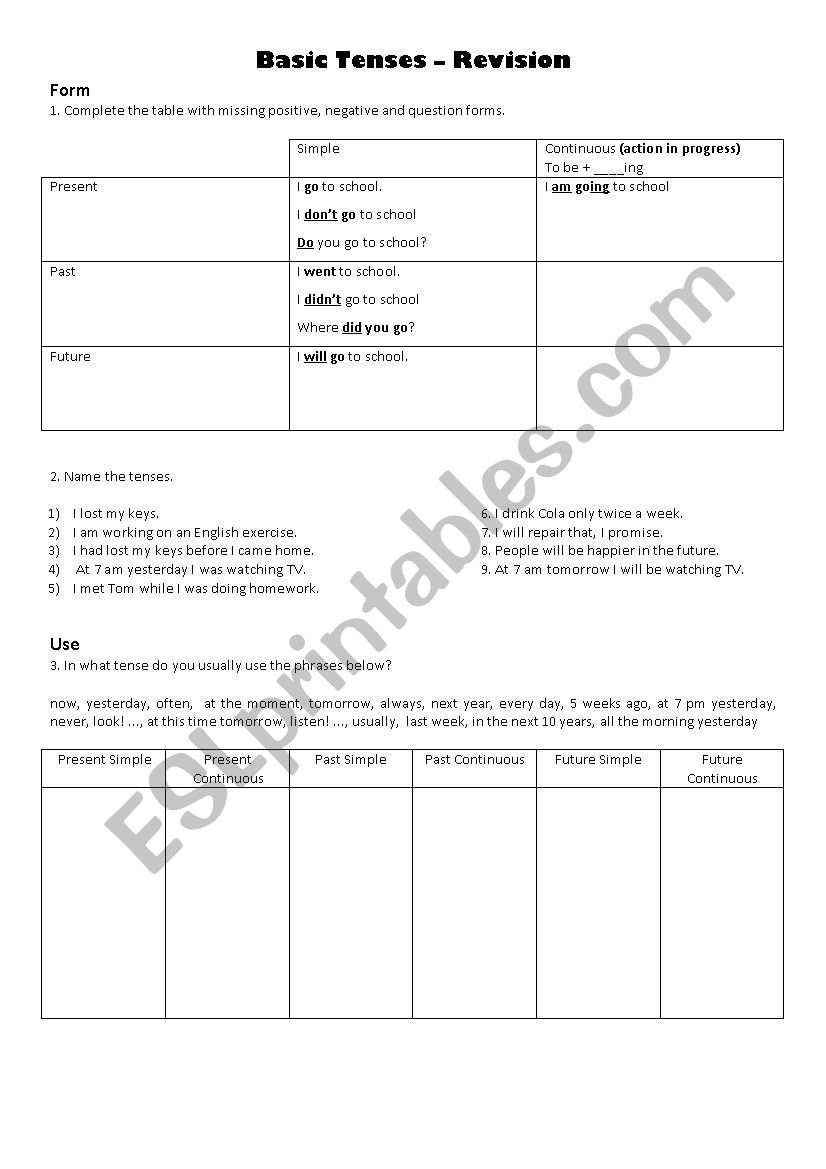Basic tenses - form and use worksheet