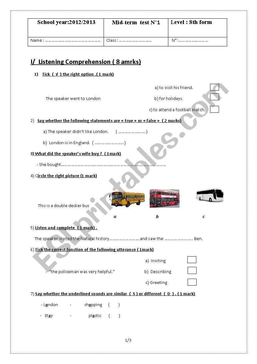 mid term test 1 8th f worksheet