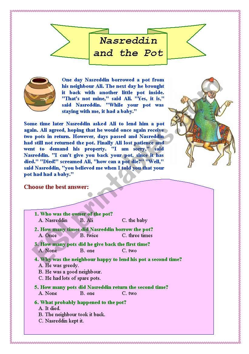 Nasreddin and the pot worksheet