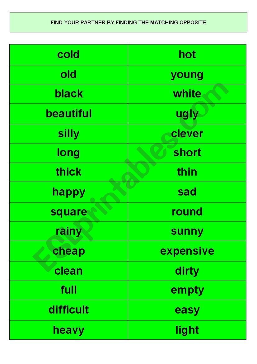 Activity cards to form pairs (contrasts)