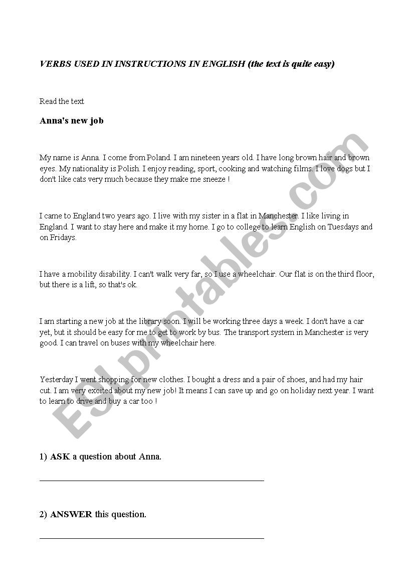 VERBS USED  IN INSTRUCTIONS  worksheet