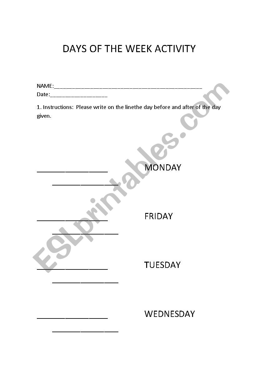 Days of the week worksheet
