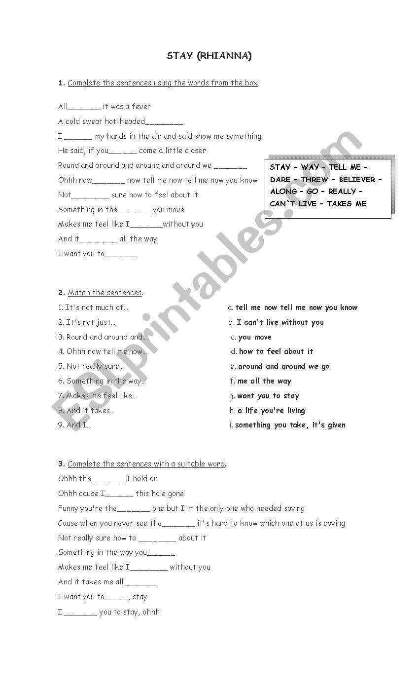 stay by Rhianna worksheet