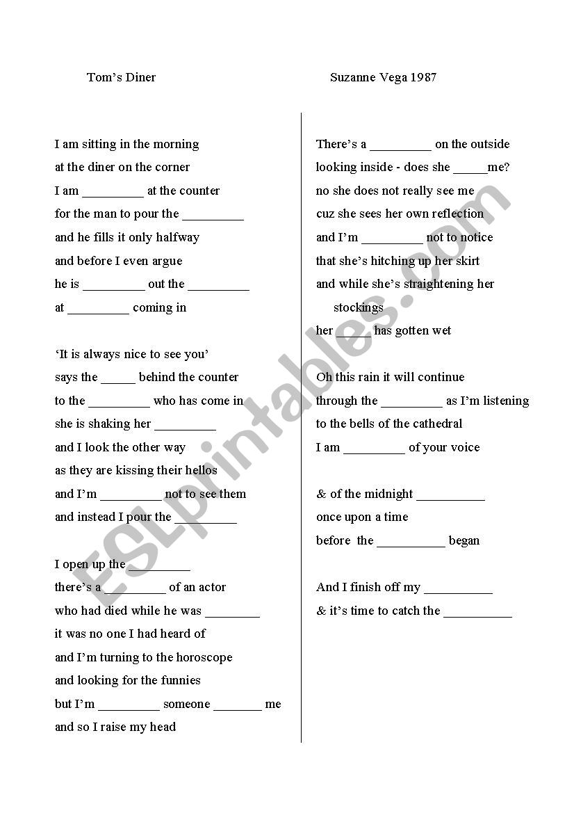 Toms diner worksheet