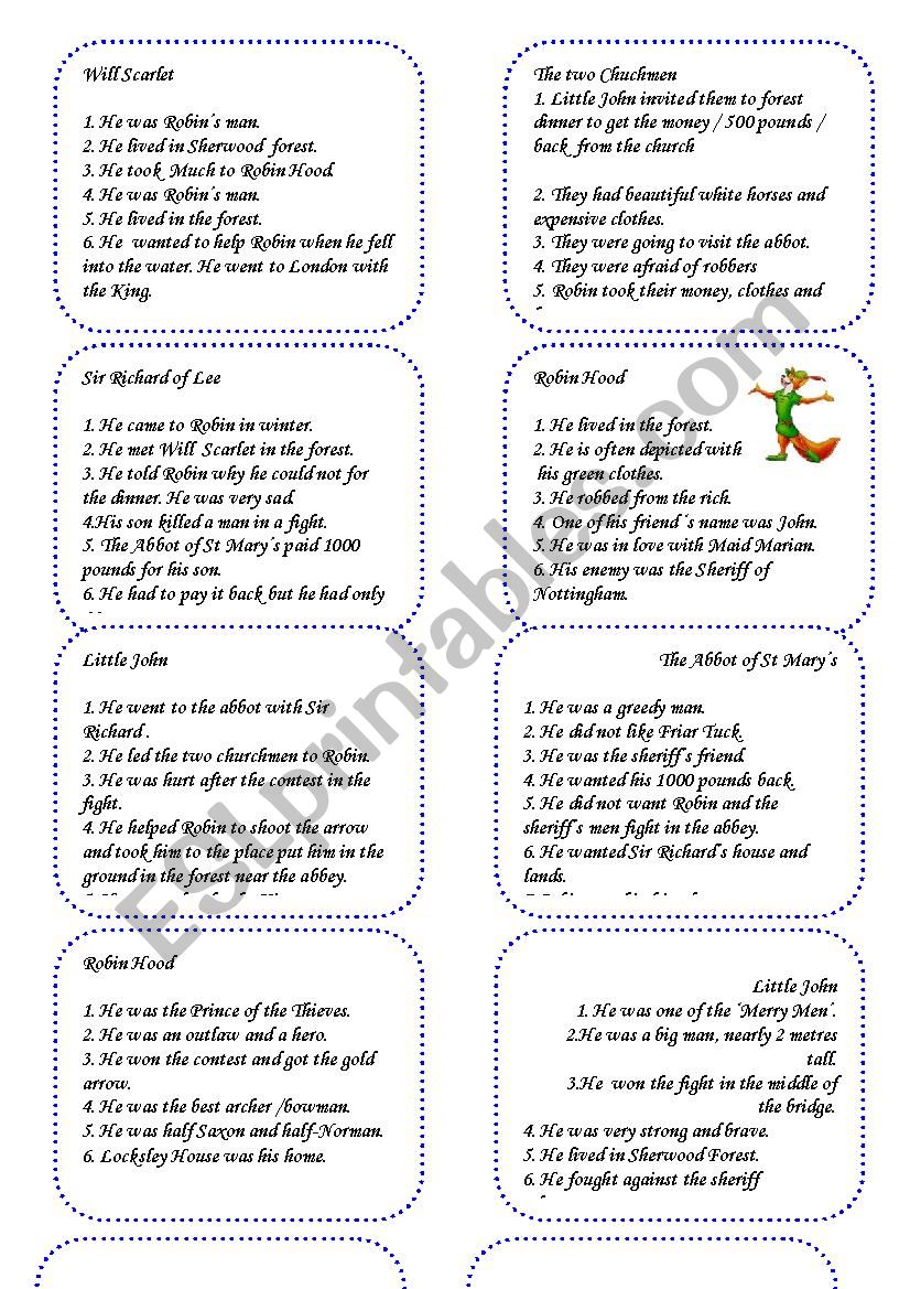 Character cards worksheet