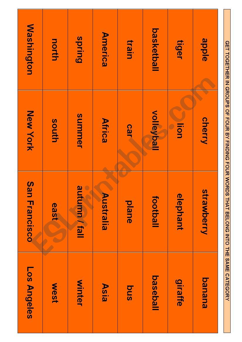 Activity cards to form groups of four 