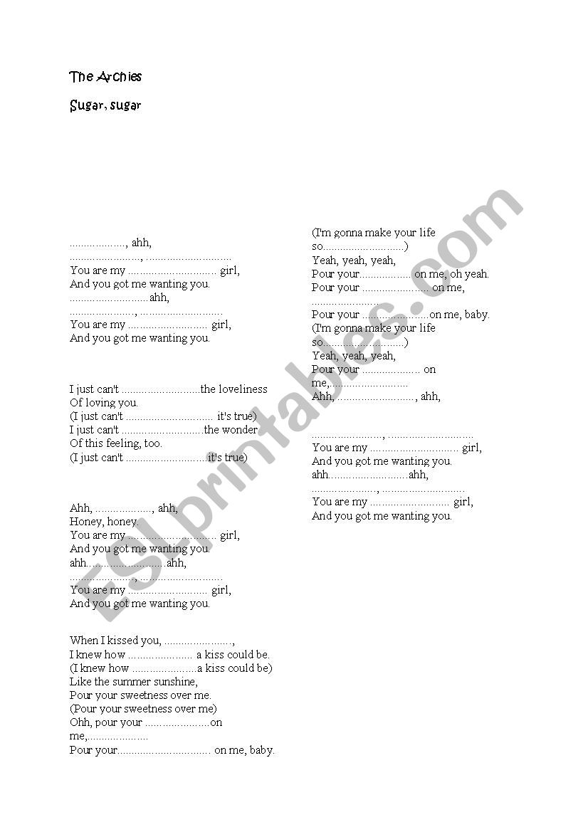 Sugar, sugar worksheet