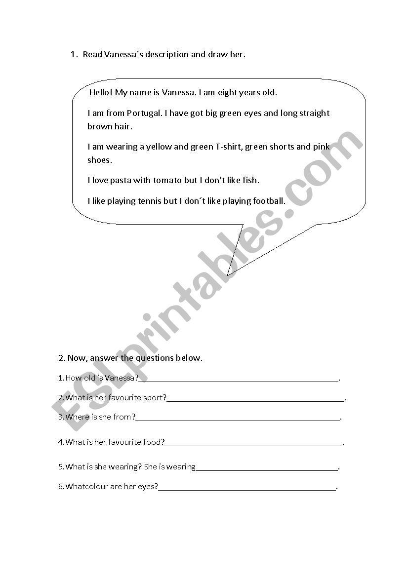 Vanessas description worksheet