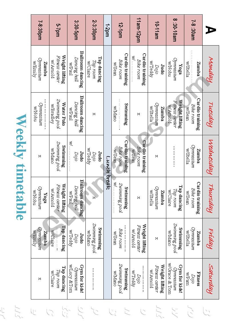 Timetable Piarwork worksheet