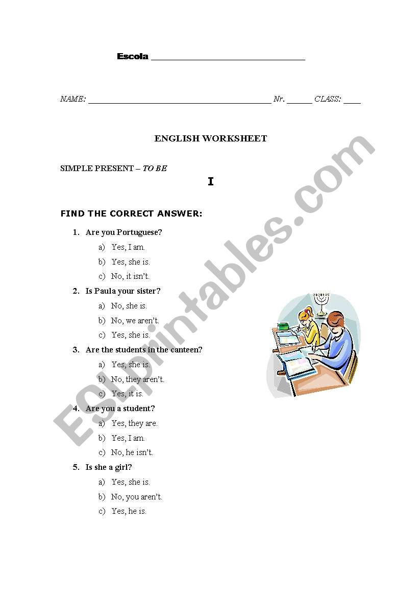 Worksheet - verb TO BE worksheet