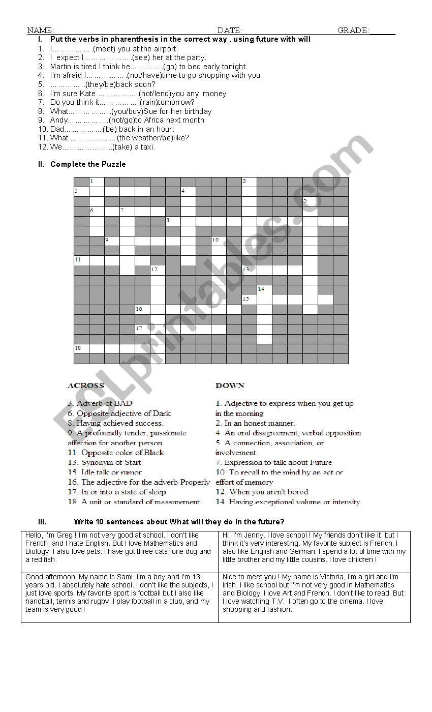fUTURE WITH WILL  worksheet