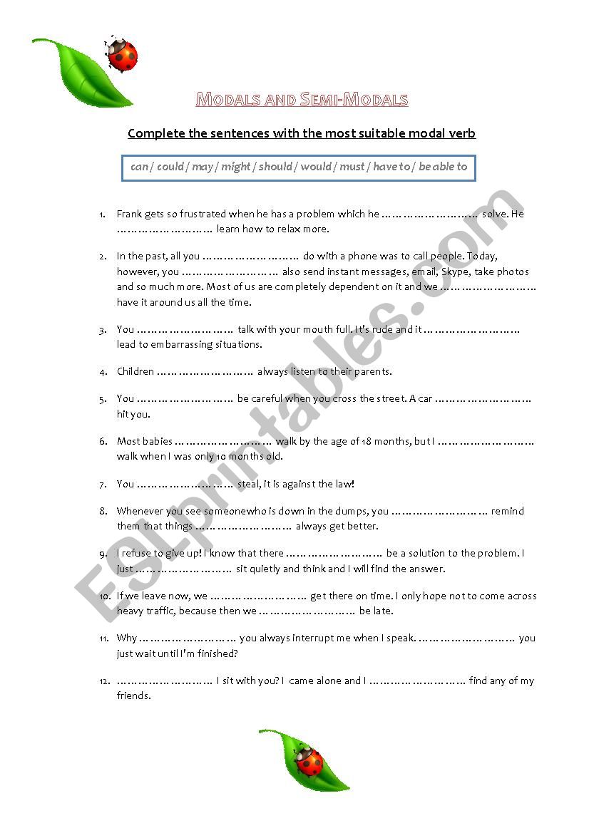 Modals and Semi-Modals worksheet