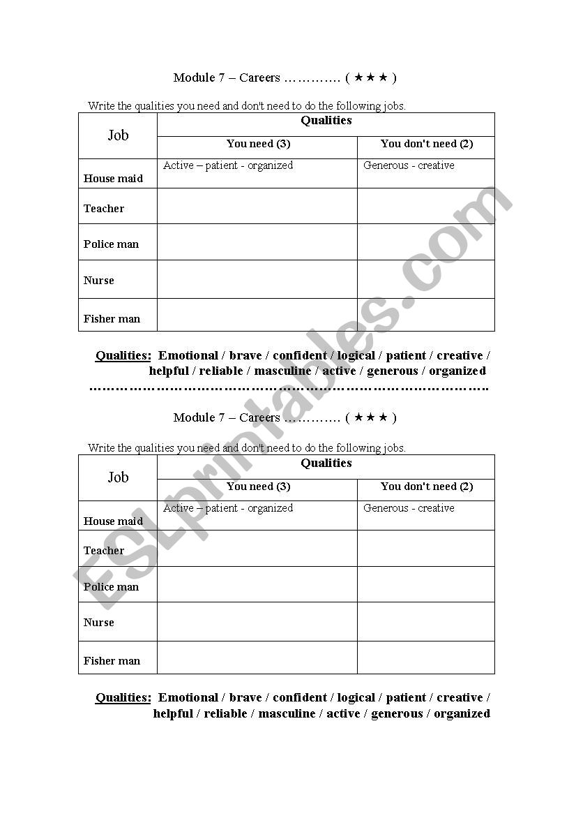 careers worksheet