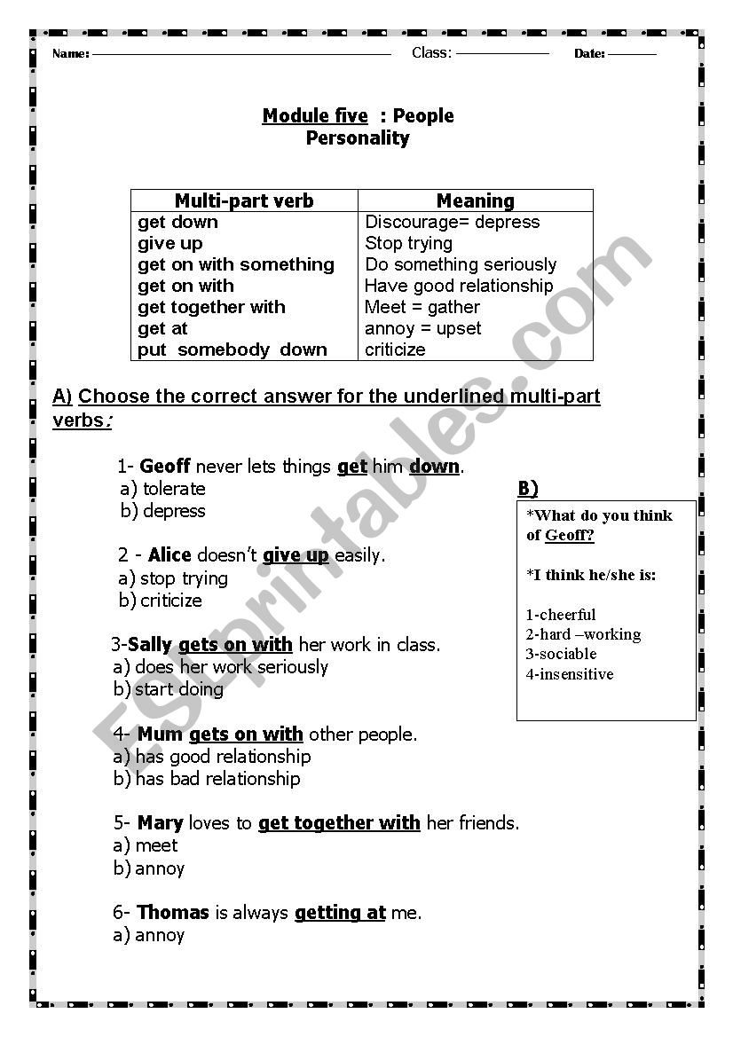 multi part verb worksheet