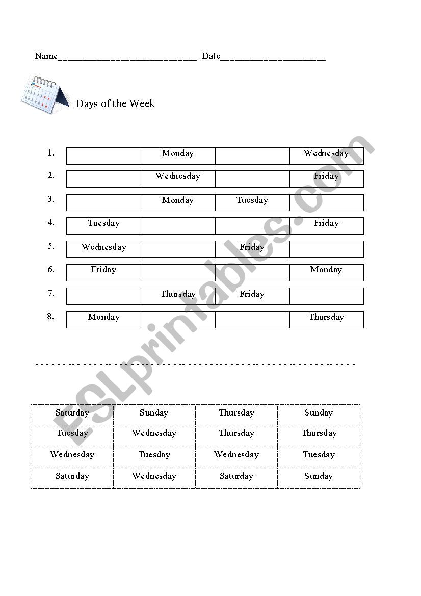 Ordering Days of the Week  worksheet