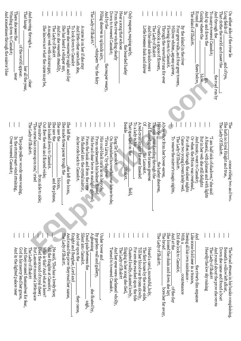 The LAdy of Shalott worksheet