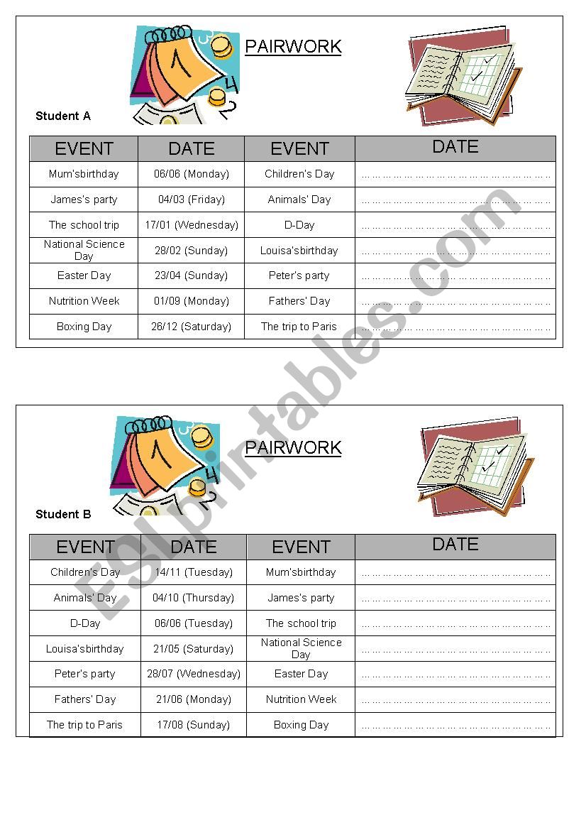 When is...? Pairwork worksheet