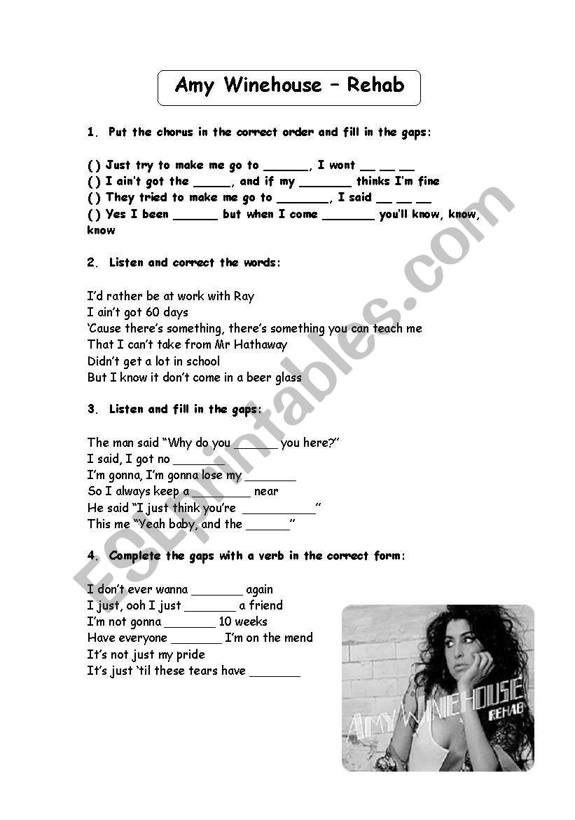 Amy Winehouse Rehab worksheet