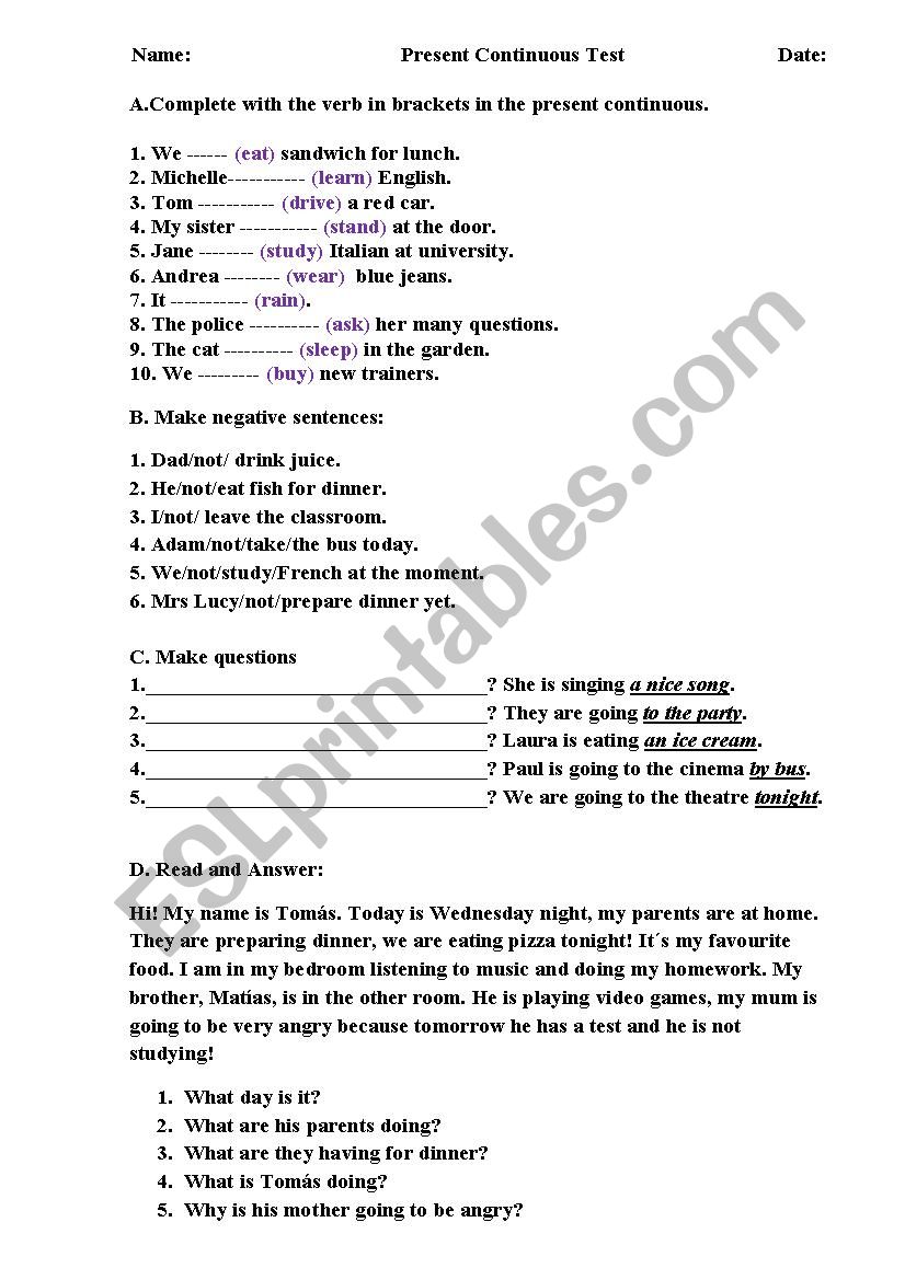 present continuous test worksheet