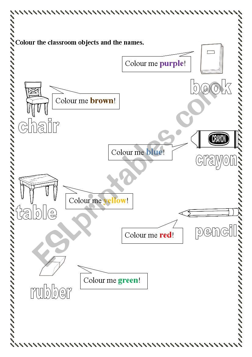 Classroom objects and colours worksheet