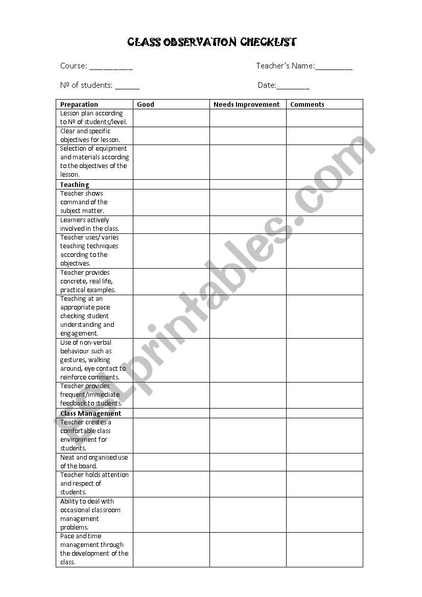 Class Observation Checklist worksheet