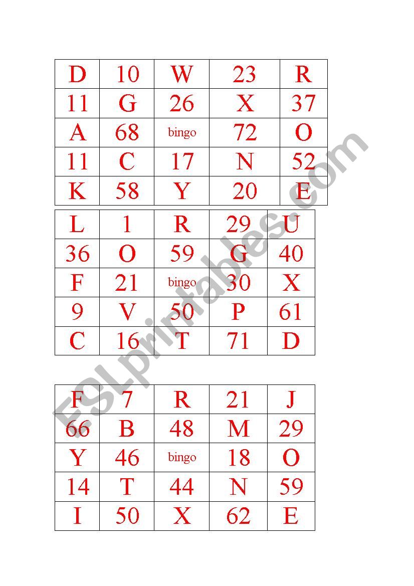 Numbers and Letters Bingo worksheet