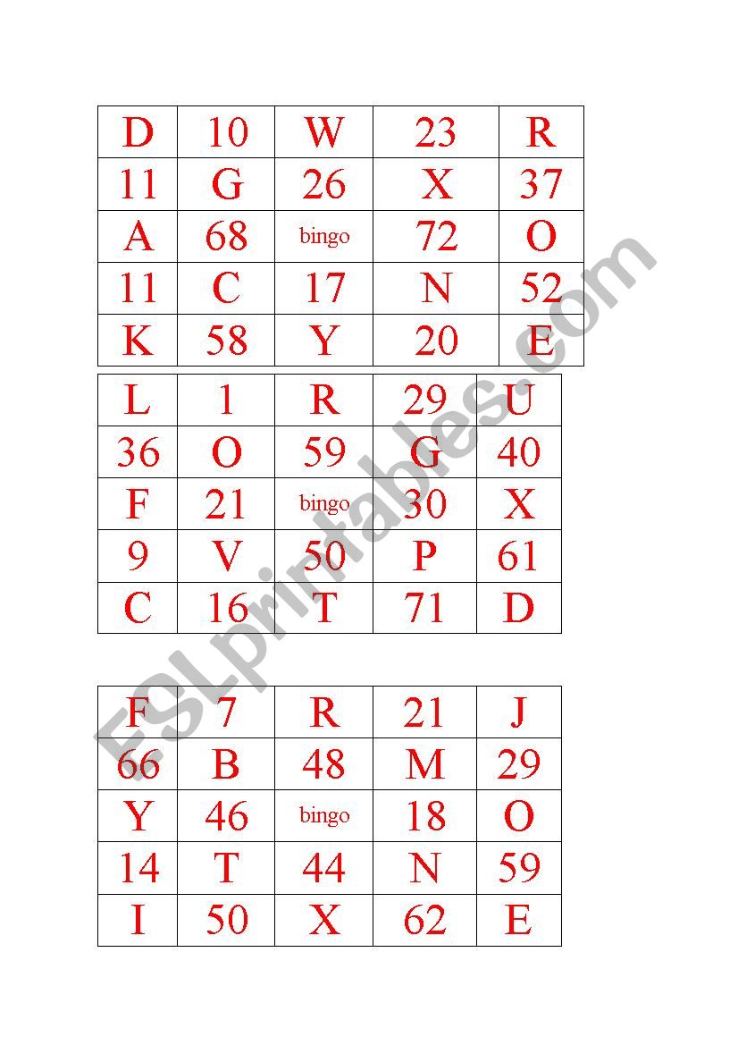 Numbers And Letters Bingo ESL Worksheet By Teachernara