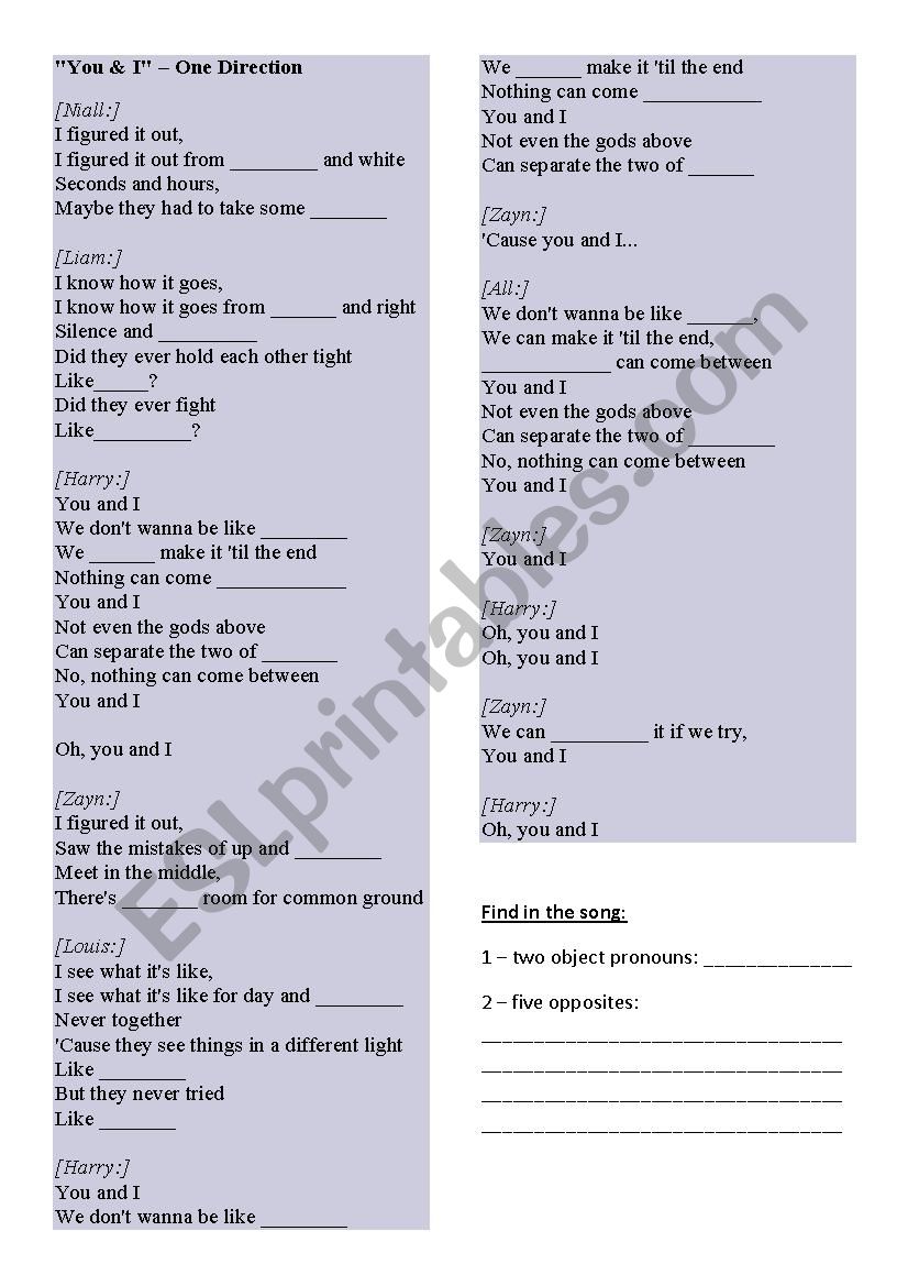 You and I worksheet